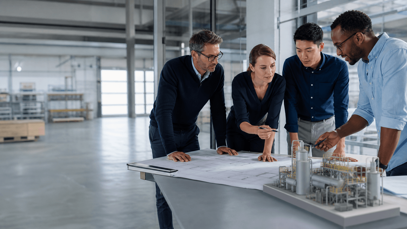 Industrial planning meeting in a warehouse office