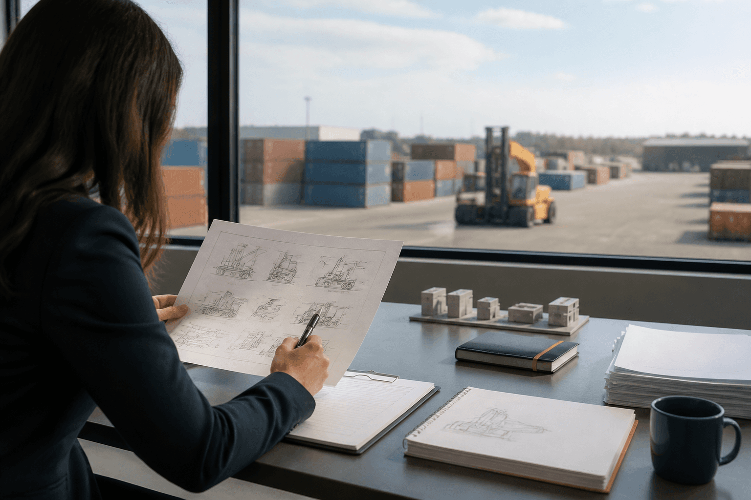Project coordinator reviewing equipment requirements beside an industrial logistics yard